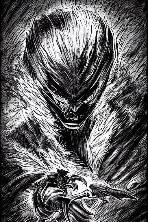 Image similar to crow, highly detailed, digital art, sharp focus, trending on art station, kentaro miura manga art style