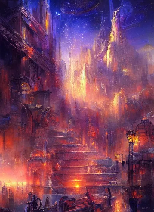Prompt: ethereal starlit city of magic lost in time at sunset, italian futurism, art station, johan grenier, hd, digital painting
