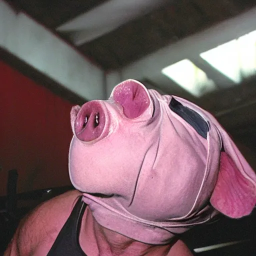 Image similar to creppy 2 0 0 3 photo of a pig masked man screaming in a dark red slaughterhouse