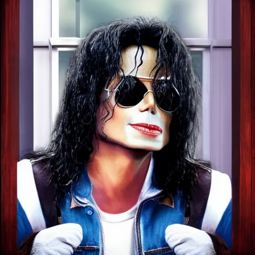 Image similar to michael jackson 2 0 0 9 wearing shades, this is it style, photo real, pores, motion blur, sitting with bubbles the chimp window open, real life, spotted, ultra realistic face, accurate, 4 k, movie still, uhd, sharp, detailed, cinematic, render, modern