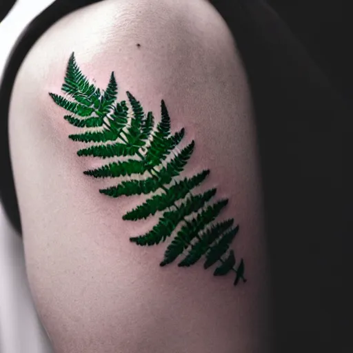 Prompt: tattoo of a fern leave, solid black borders, professional photography, 8k, trending