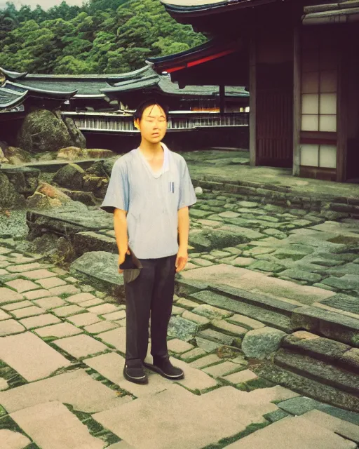 Prompt: a lomographic photo of old pacific rim ( 2 0 1 3 ) jaeger, standing in typical japanese yard in small town, hikone on background, cinestill, bokeh