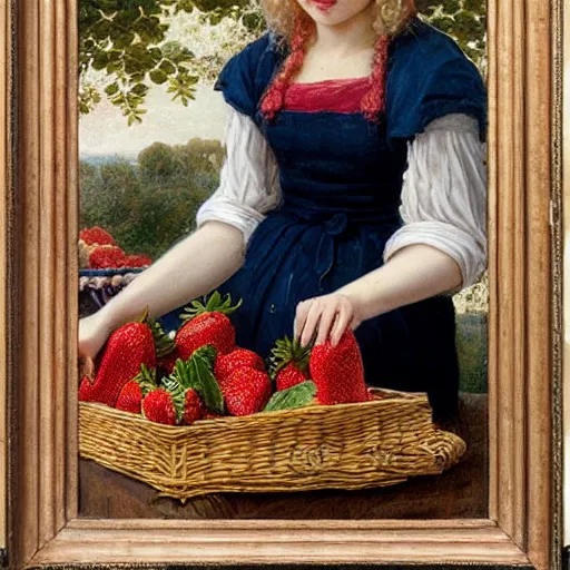 Image similar to A beautiful Blonde Woman with Locks selling strawberries in the style of Sophie Anderson, Portrait