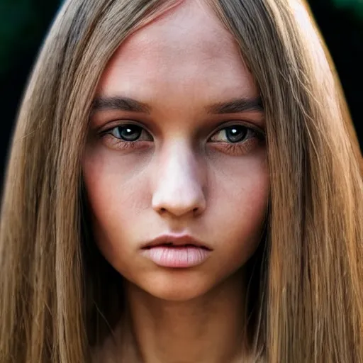 Image similar to brunette with long dyed blonde hair, small nose, smaller mouth, round shaped face, big forehead, lop eared, thin eyebrows, hazel eyes, darker skin, real life photograph