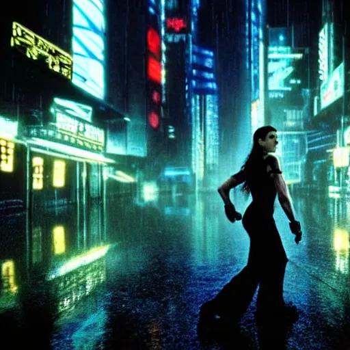 Prompt: jennifer connelly starring in a cyberpunk movie in a distopic futuristic city in the style of bladerunner, movie still, highly detailed, rainy night, volumetric lights, dramatic, scifi, sharp focus, medium shot