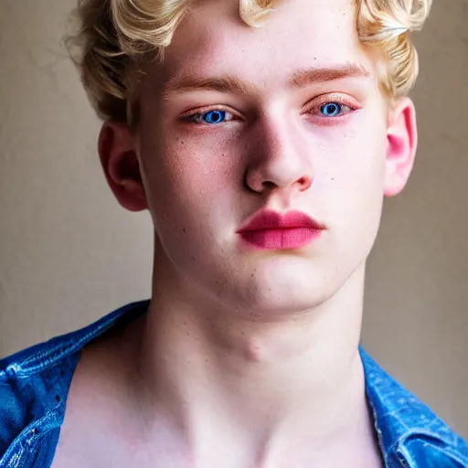 Image similar to close up of 1 8 year old man with wavy / curly light blonde hair, blue eyes, pale complexion, wearing 1 9 5 0 s clothing, 8 5 mm f / 1. 4