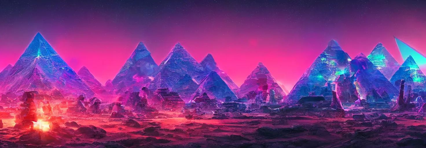 Prompt: Ultra High Definition, Synthwave desktop wallpaper, 8k, ultrawide, sharp focus, accurate and detailed, shamanic alien pyramids