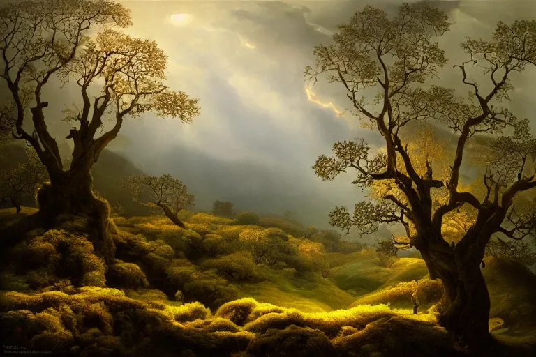 Image similar to masterpiece painting of oak trees on a hillside overlooking a creek, dramatic lighting, by andreas franke