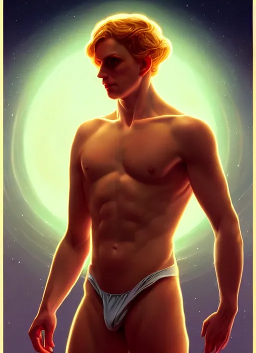 Image similar to the pale blond sun god apollo smirking, full body shot, sci fi, glowing eyes, volumetric lights, red and cyan theme, art nouveau botanicals, intricate, highly detailed, digital painting, artstation, concept art, smooth, sharp focus, cinematic, illustration, beautiful face, art by artgerm and greg rutkowski and alphonse mucha