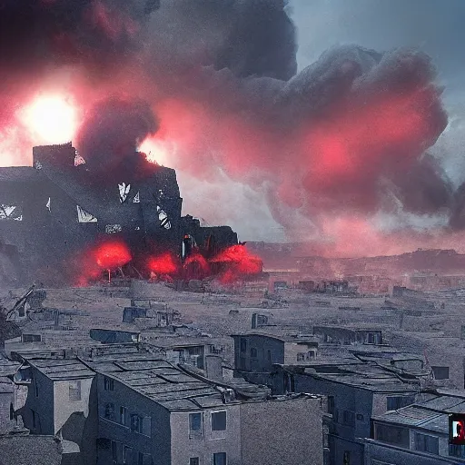 Image similar to politics, destroyed landscape and buildings, dystopian, war, real, red and blue smoke, highly detailed 8k