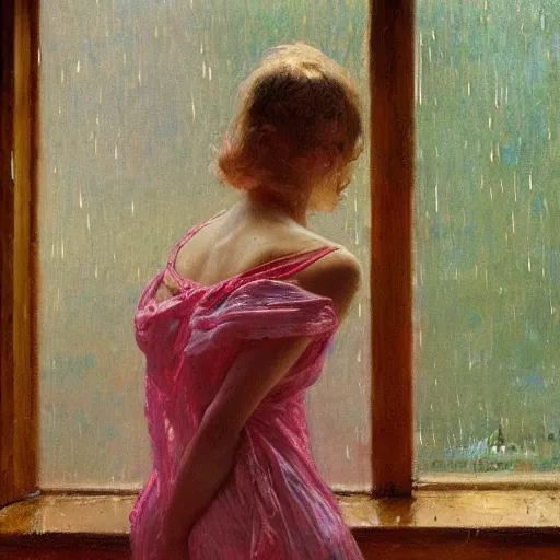 Image similar to A woman looking through a rainy window, back view, pink string bikini, modest, 1950s, americana, award-winning, warm colors, by Ilya Repin, deviantart