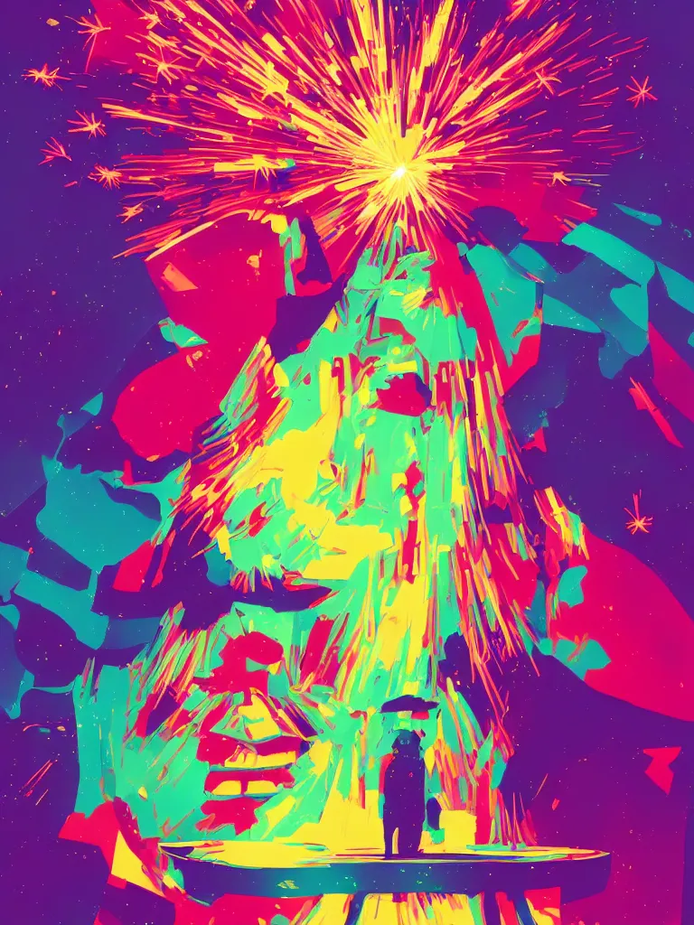 Prompt: a vibrant ultraclear closeup portrait of a man tasting neon fireworks and blotter papers of lsd acid, dreaming psychedelic hallucinations in the vast icy landscape of antarctica, by james gilleard, and edward hopper, colorful flat surreal design, hd, 3 2 k