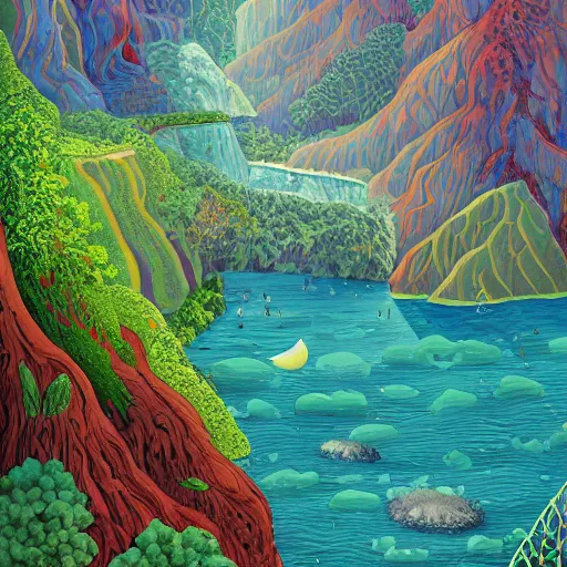 Image similar to illustration of a lush natural scene on an alien planet by djamila knopf. detailed. beautiful landscape. colourful weird vegetation. cliffs and water.