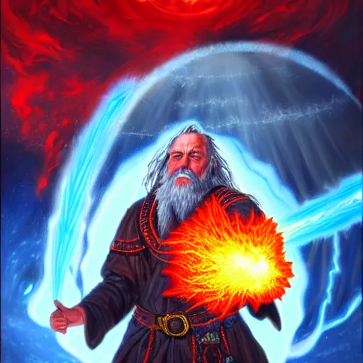 Image similar to Highly detailed oil painting, concept art, of a wizard casting a fireball spell, fighting against a huge ice giant, red and blue color scheme, concept art, highly detailed.