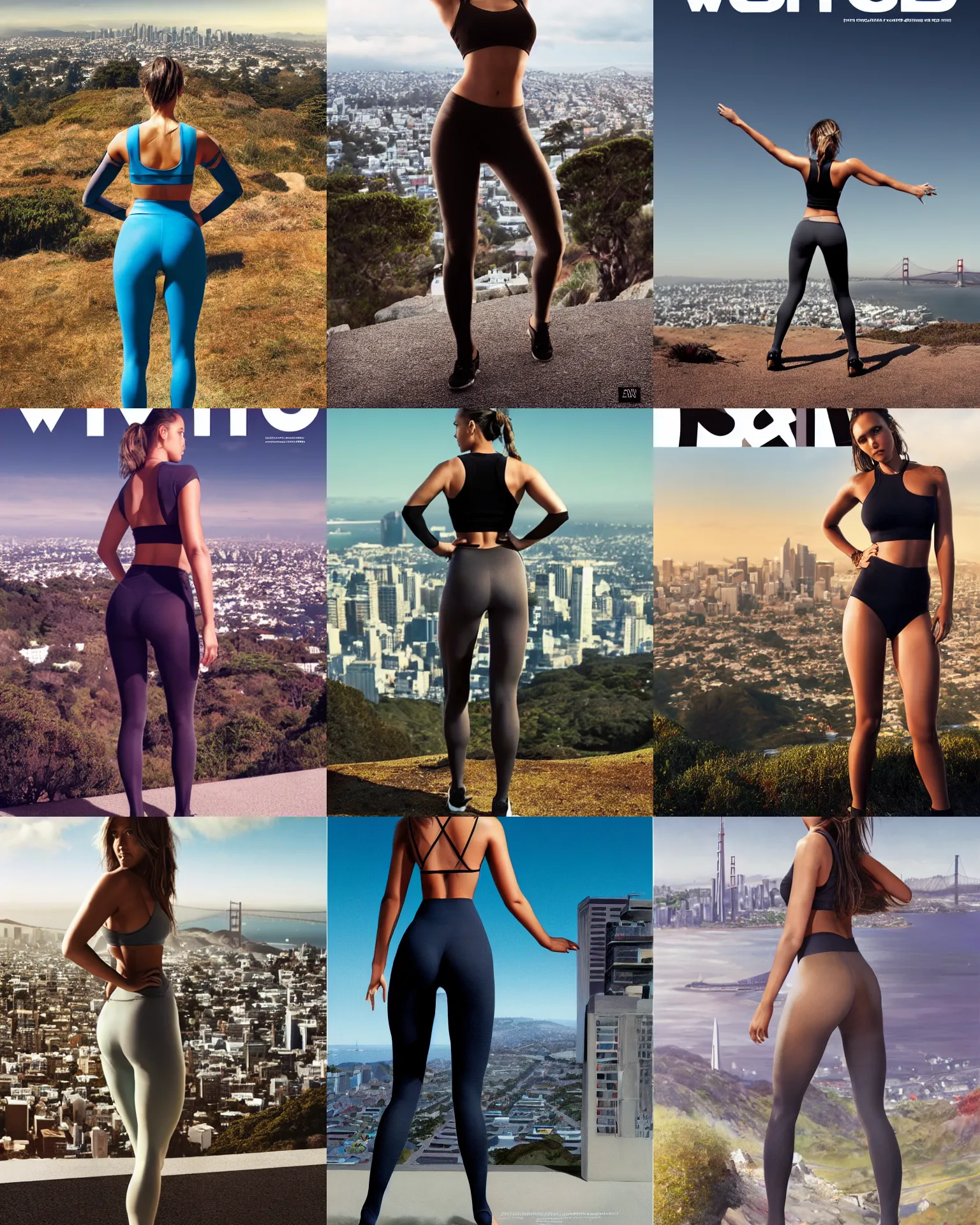 Prompt: magazine cover full body portrait of sweaty jessica alba in a powerful standing pose from behind, overlooking SF from twin peaks, facing away from the camera, thin tights :: trending on artstation, morning, photoreal, ue5, anime girl, :: nixri, Greg rutkowski, wlop, ::