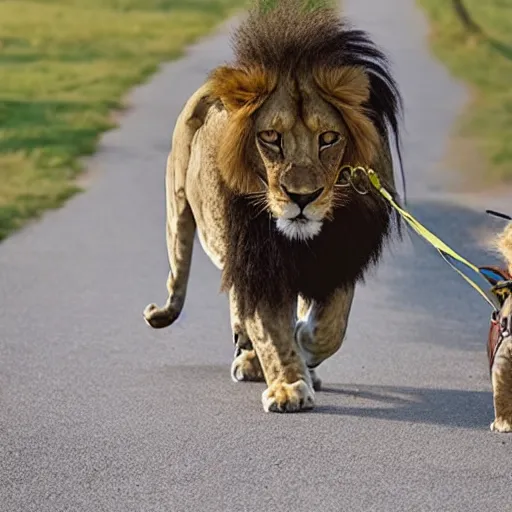 Image similar to a human taking his pet lion for a walk