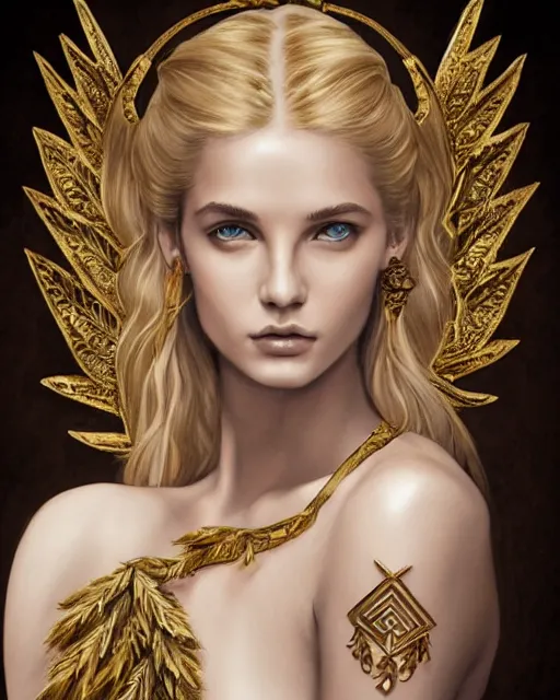 Image similar to tattoo design sketch of cute beautiful blonde super model as aphrodite greek goddess wearing a gold laurel wreath and triangle earrings, beautiful piercing gaze with sharp pupils, in the style of greg rutkowski, fantasy, amazing detail, epic, elegant, smooth, sharp focus, front view