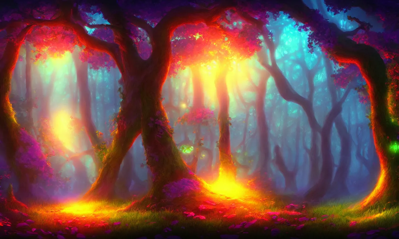 Image similar to enchanted magical forest on magical colorful fire , digital painting , digital art , artstation , devian art , 4k , HD