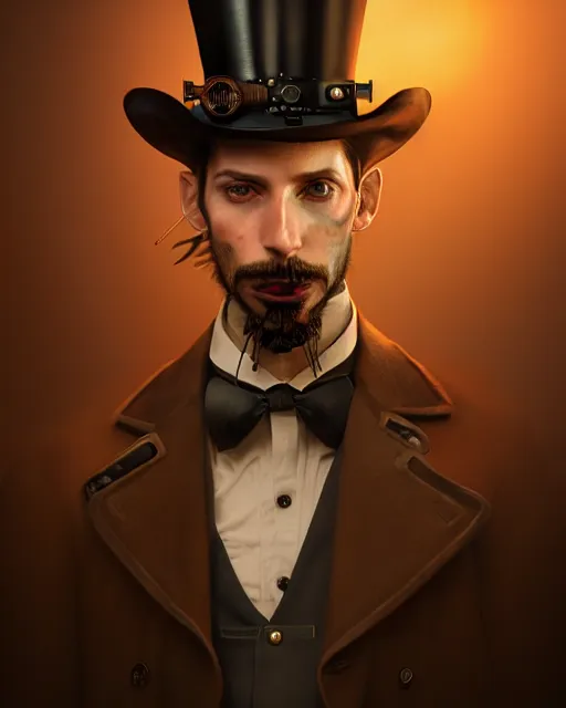 Image similar to steampunk male portrait, handsome, steampunk hat, detective coat, steampunk monocle, hyper realistic 3 d render by ilya kuvshinov, peter mohrbacher, greg rutkowski, ryohei hase, dramatic lighting, intricate, highly detailed, sharp focus, luminous, unreal engine, blender, artstation, masterpiece, ray tracing