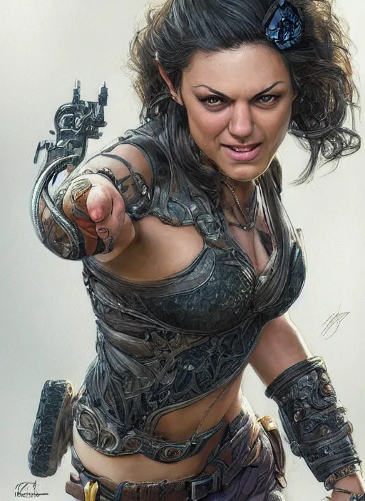 Image similar to muscled Mila Kunis grinning as a ruggedly handsome heroine, intricate, elegant, highly detailed, centered, artstation, concept art, smooth, sharp focus, illustration, bokeh art by artgerm and donato giancola and Joseph Christian Leyendecker, WLOP