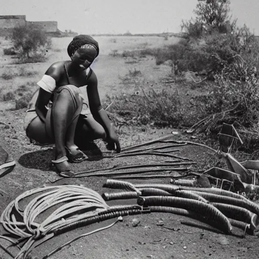 Prompt: photo of beautiful African native ancient woman inspecting railgun, tools and junk on the ground,wires with lights, old village in the distance, vintage old photo, black and white, sepia