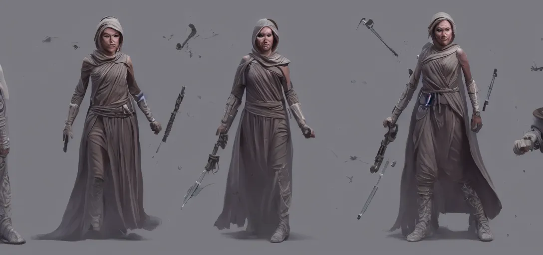 Image similar to character sheet concept art of female jedi, realistic, hyper realistic, photographic, costume, by beeple, wlop, dan mumford, greg rutkowski, matte, high detail, octane render, 8 k, intricate