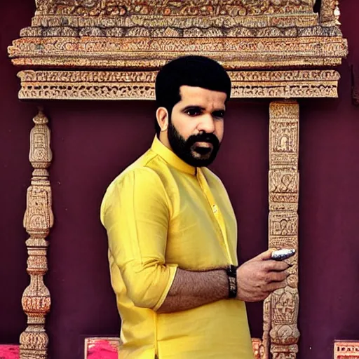 Image similar to kovil in background, wearing a silk kurta, photograph of drake the rapper