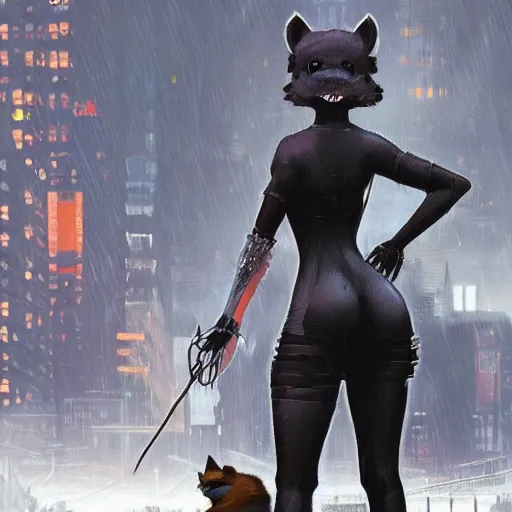 Image similar to new york city portrait of 2B nier automata as a furry anthro anthropomorphic animal person fursona wearing skin tight clothes muzzle gloomy rainy screenshot from the video game cyberpunk 2077 digital art by Greg Rutkowski, Simon Stalenhag, christopher nolan trending on Artstation, CGSociety