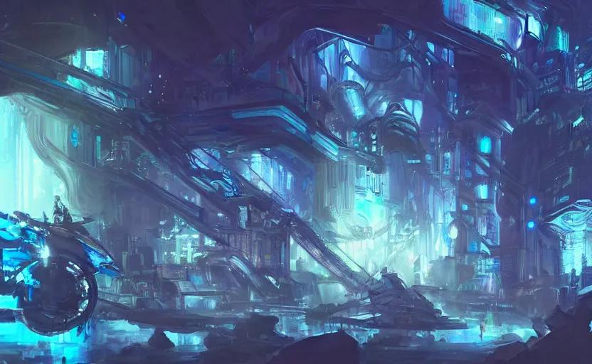 Image similar to cyberpunk factory in a dark cave, blue crystals, concept art by frank hong, mate painting, artstation