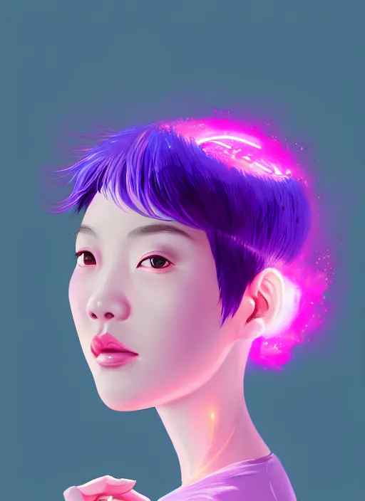 Image similar to portrait of chinese girl with bright pink hair, curly pixie cut hair, wearing a purple cap, breton cap, intricate, elegant, glowing lights, highly detailed, digital painting, artstation, concept art, smooth, sharp focus, illustration, art by wlop, mars ravelo and greg rutkowski