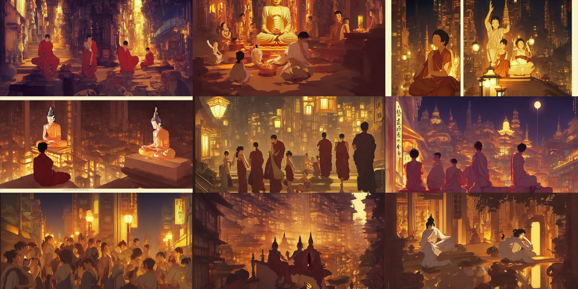 Prompt: buddhism, city at night, in the style of studio ghibli, j. c. leyendecker, greg rutkowski, artem