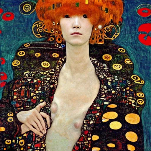 Prompt: a gustav klimt portrait of a euphoric japanese cyberpunk android mannequin experiencing an invincible sense of well - being floating in mists of bliss