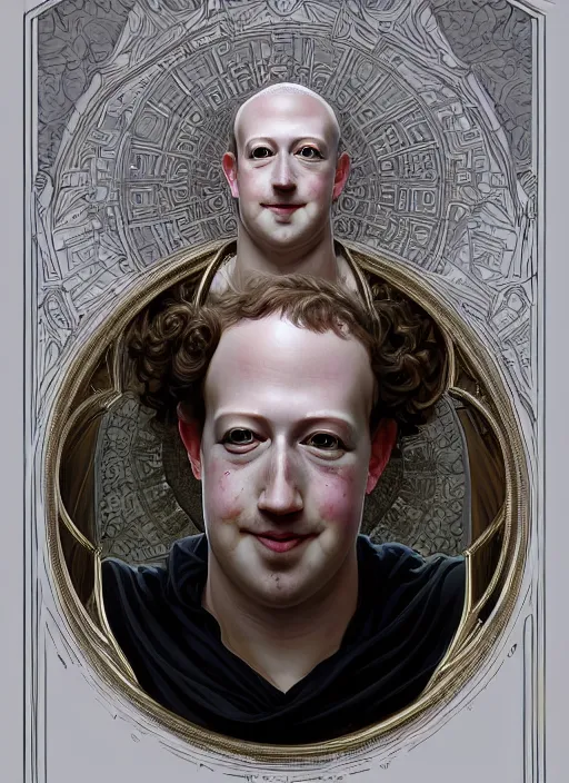 Image similar to symmetry!! portrait of chubby mark zuckerberg hairless!!!, fantasy, medieval wear, intricate, elegant, highly detailed, digital painting, artstation, concept art, smooth, sharp focus, illustration, art by artgerm and greg rutkowski and alphonse mucha