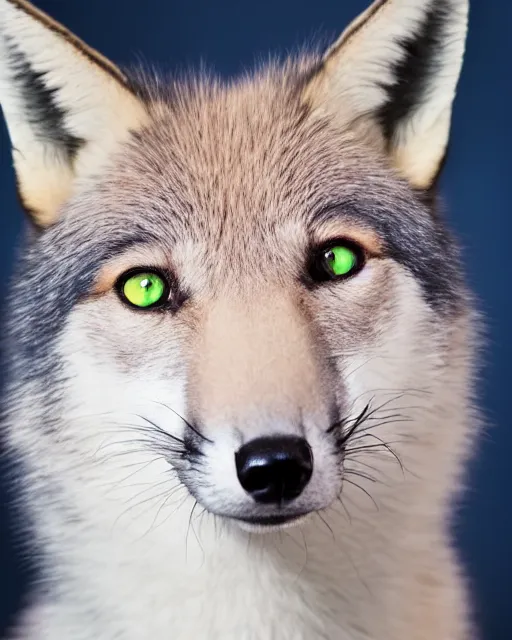 Prompt: black pink green blue white fox looking into the camera, portrait, blue background, 8 k, 8 5 mm f 1. 8