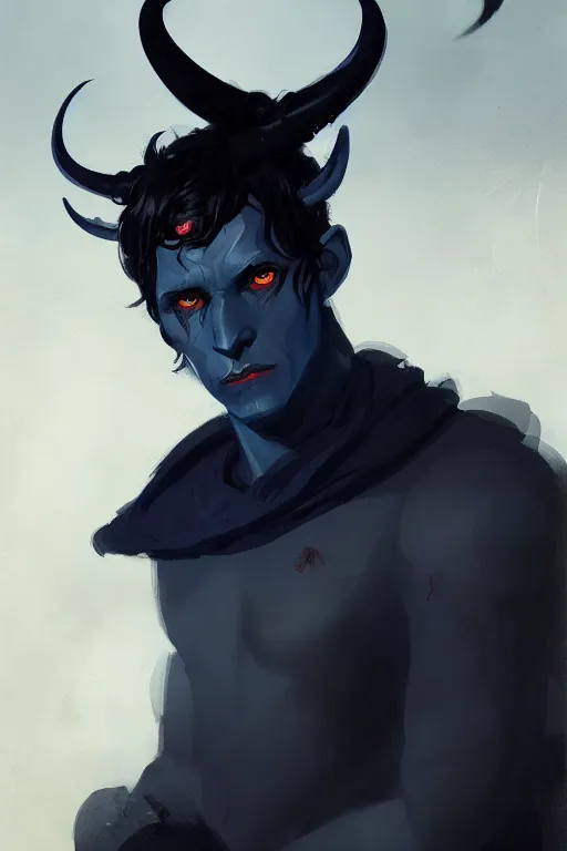 Prompt: character design portrait of a sad dark blue tiefling boy with horns and dark hair and pitch black hollow eyes by Greg Rutkowski