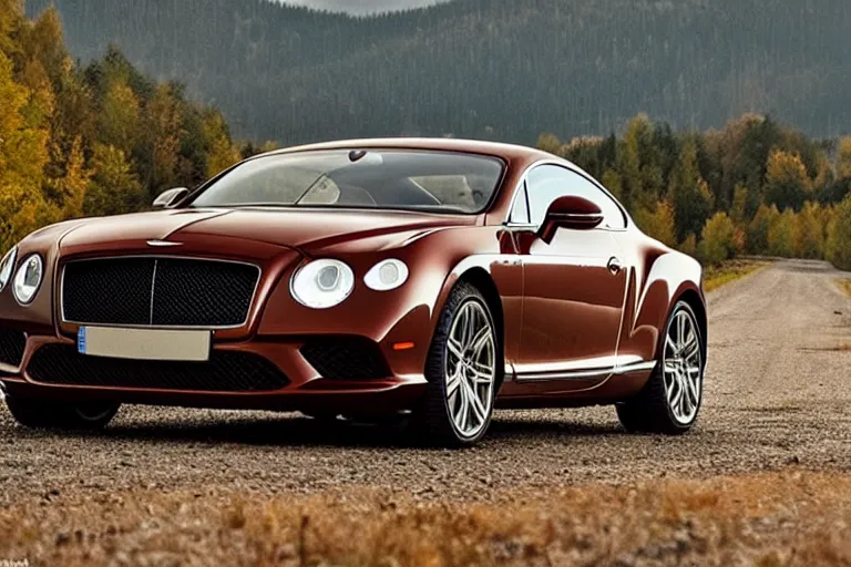 Image similar to modern rusty Bentley Continental GT without gloss no reflections drives along the road of an old Russian village with houses at the edges