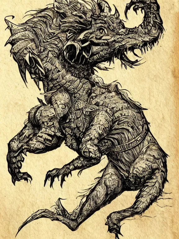 Image similar to ink illustration of a four legged beast, monster manual style, dungeons and dragons guidebook, tan parchment paper