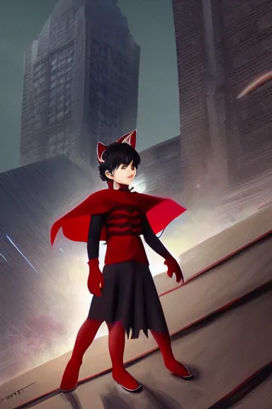 Prompt: little boy with cat ears in an black outfit with red cape. digital artwork made by lois van baarle and kentaro miura and marc simonetti and rhads, sharpness focus, inspired by hirohiko araki, anatomically correct, heroic composition, hero pose, smooth, dark city