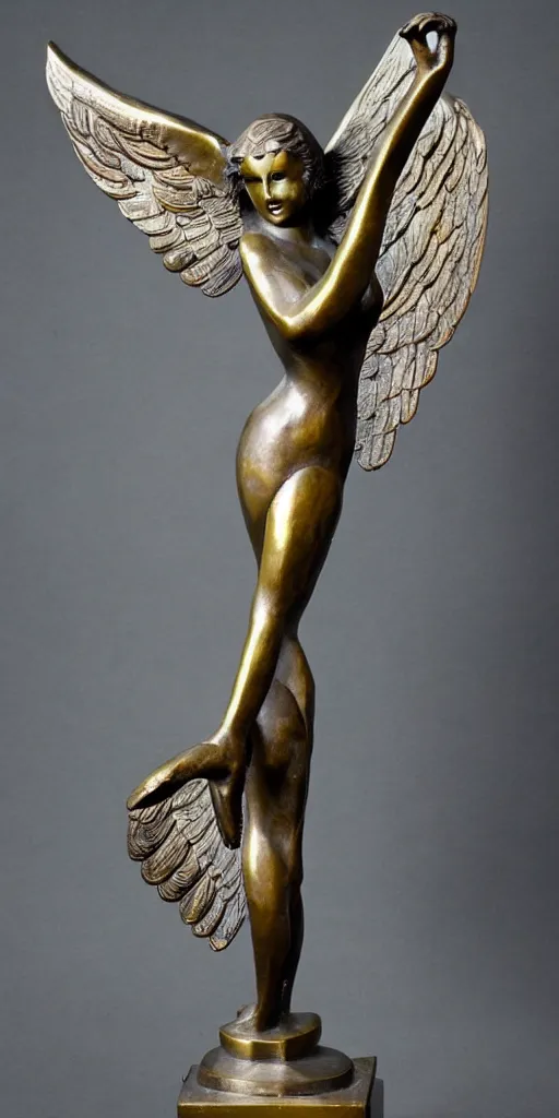 Prompt: of photo of an art deco style old bronze sculpture of a winged woman against an art deco background