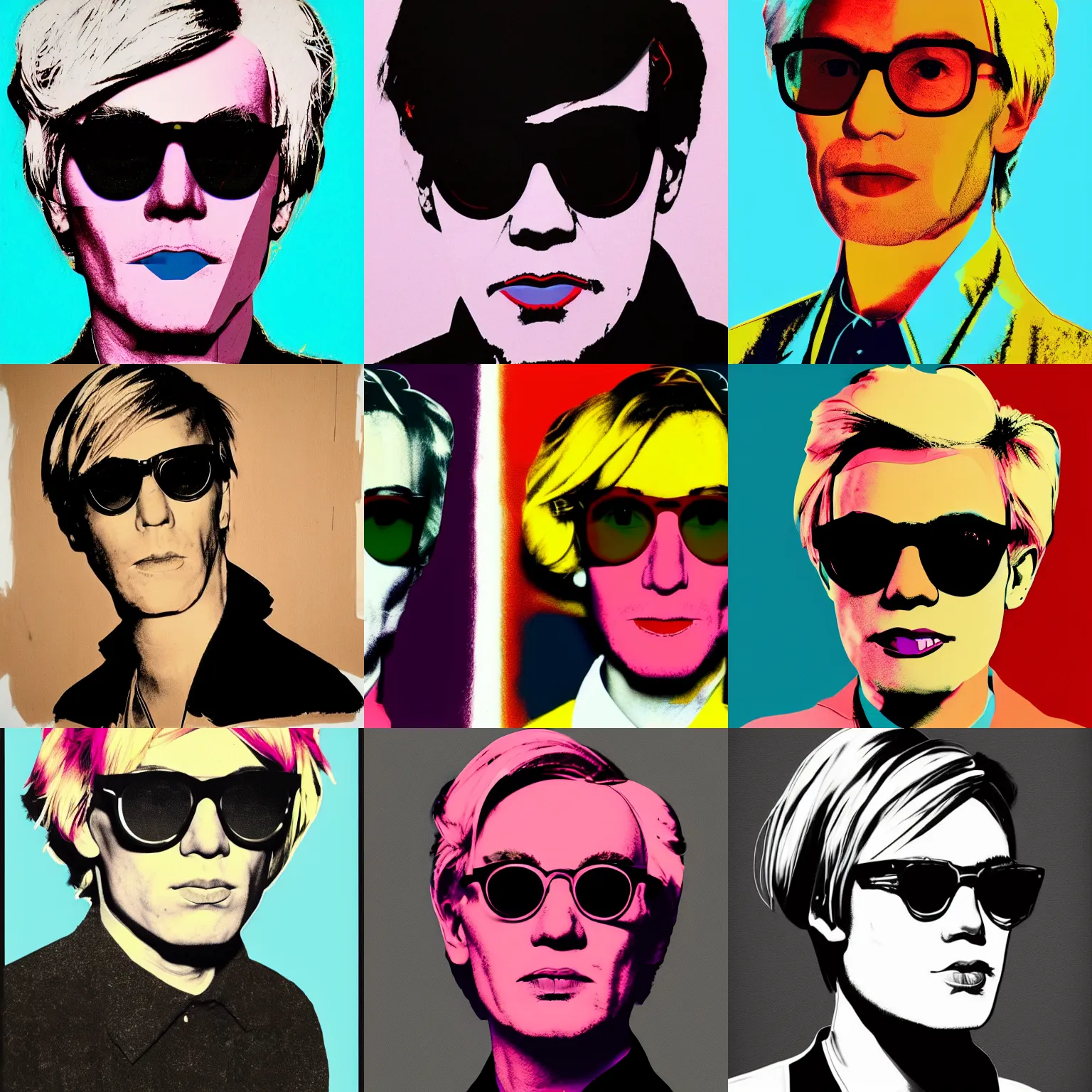 Prompt: colour portrait of absolutely livid andy warhol aged 35 looking sternly straight into the camera and wearing designer sun glasses, in the style of andy warhol, high quality, trending on artstation, hd