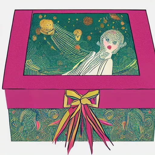 Prompt: feeling of infinite and repition with a box inside gift box which is inside another gift box with another box inside like matriochkas, illustration by victo ngai