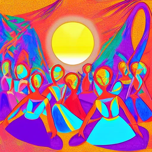 Prompt: the women gathered by the river to dance as the sun set , high quality digital art in the style of cubism and georgia o’ keefe,