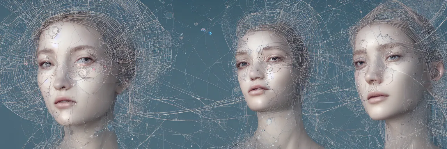 Image similar to The face of a very beautiful goddess radiating an artwork made from layers of technical drawings and architectural plans, very detailed and intricate with callout texts, leaders, arrows and bubbles by James Jean and Ross Tran and WLOP , hyperrealism, subsurface scattering, octane render, bokeh, 8k, xparticles