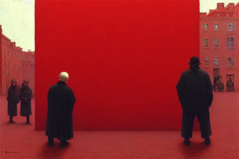 Image similar to only with red, a red old man try to sell a portrait, in a square, crowd cheering, in the style of beksinski, parts by edward hopper, parts by rodcenko, parts by yue minjun, intricate and epic composition, red by caravaggio, insanely quality, highly detailed, masterpiece, red light, artstation, 4 k