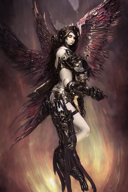 Prompt: Gothic angel girl in armor from warhammer 40000 elegant, vibrant, futuristic, dark fantasy, intricate, smooth, artstation, painted by edgar maxence, greg rutowski, ross tran, artgerm