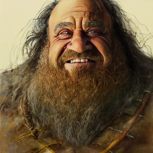 Image similar to portrait of danny devito as gimli, by alan lee, lord of the rings calendar, smooth, detailed terrain, oil painting, matte painting, concept art, trending on artstation