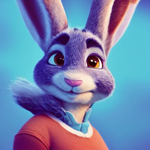 Image similar to A portrait of Judy Hopps, up close, soft lighting, beautiful lighting, backlit fur, trending on artstation, greg rutkowski, award winning painting, digital painting of Judy hopps, a female anthropomorphic bunny