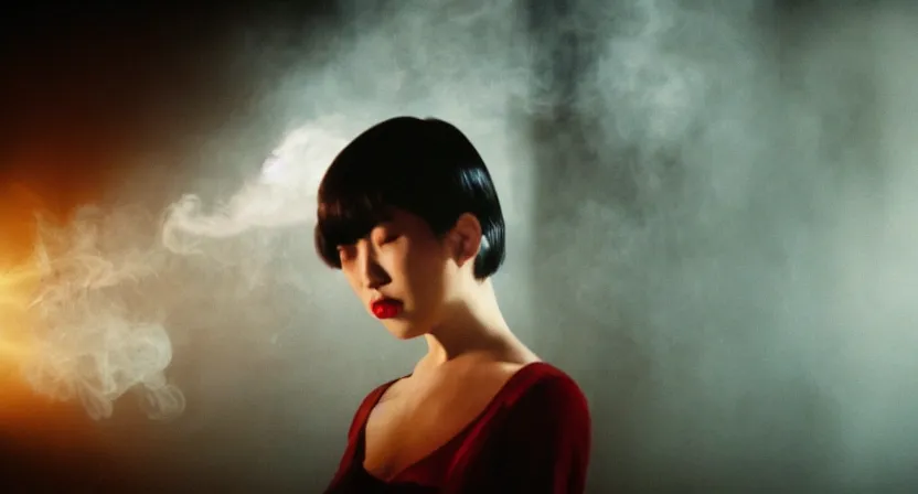 Image similar to girl smoking in a wong kar wai movie, cinematic light, atmospheric effects