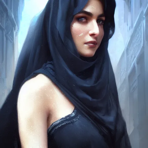 Image similar to a hyperrealistic render of an arab ameera al taweel, blue eyes, black hair, white veil,by WLOP,Artgerm,Greg Rutkowski,Alphonse Mucha, Beautiful dynamic dramatic dark moody lighting,shadows,cinematic atmosphere,Artstation,concept design art,Octane render,8K