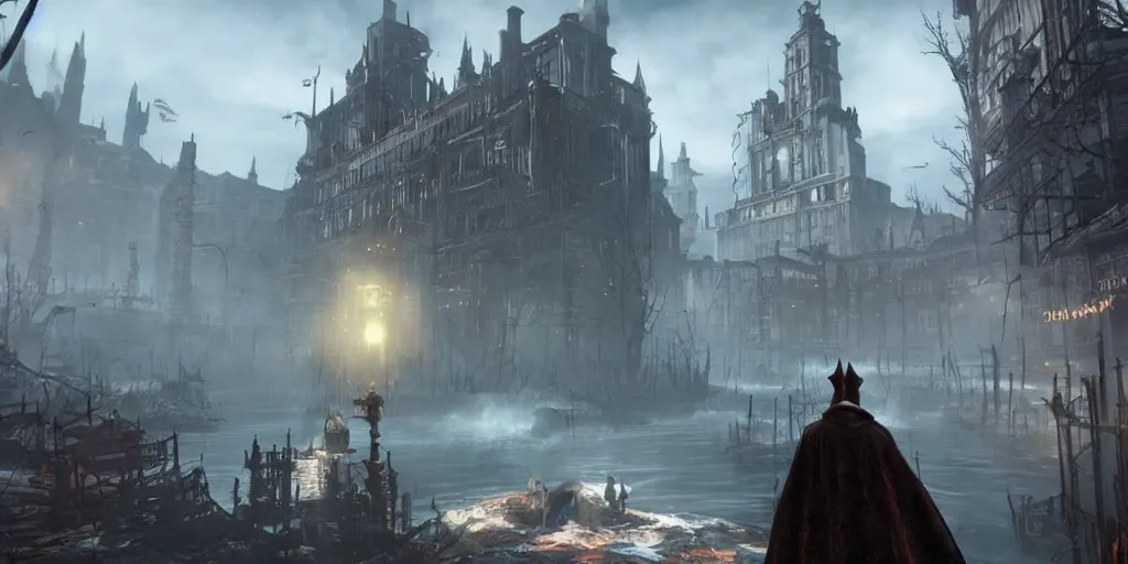 Prompt: mix between bioshock infinite and bloodborne, terrifying game, floating city